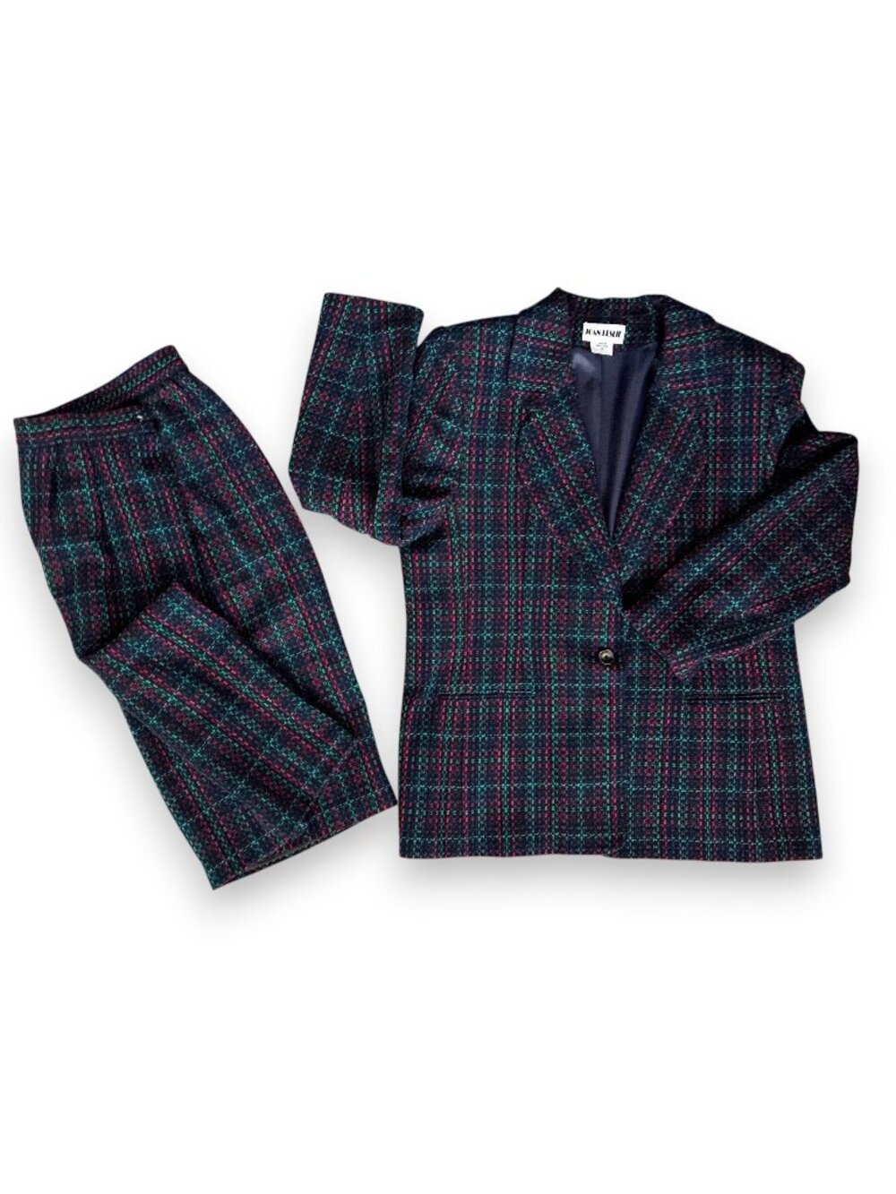 Vintage 90s Wool-Lama Blend Plaid Suit Blazer Pencil Skirt Joan Leslie 18 Navy